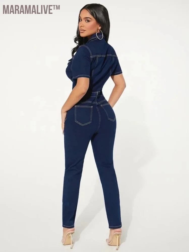 Women's Fashion Denim Jumpsuit Ladies Winter Solid Color Short Sleeved Lapel Single-Breasted Jeans Jumpsuit For Women