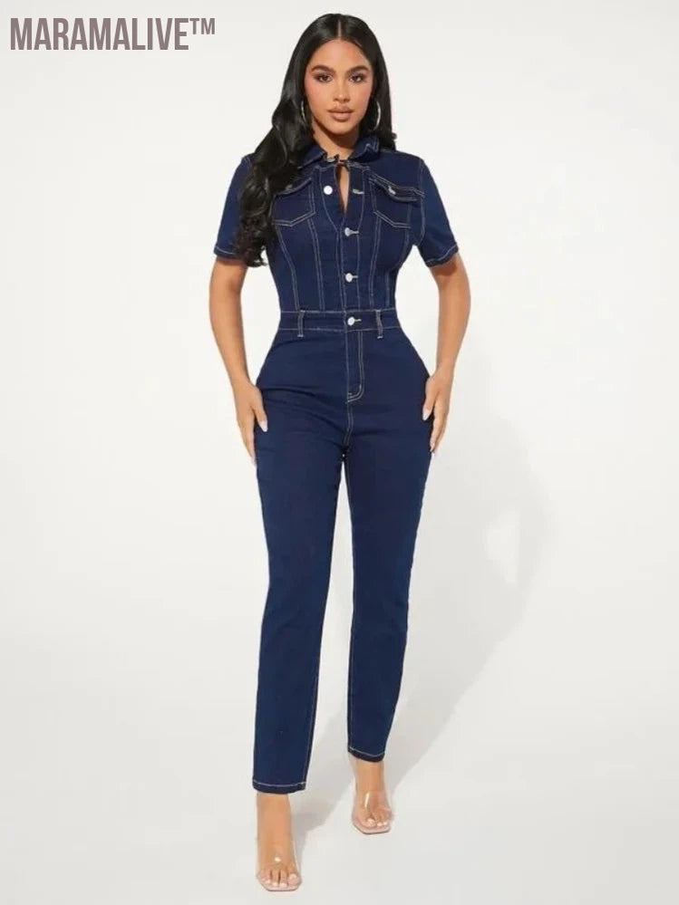 Women's Fashion Denim Jumpsuit Ladies Winter Solid Color Short Sleeved Lapel Single-Breasted Jeans Jumpsuit For Women