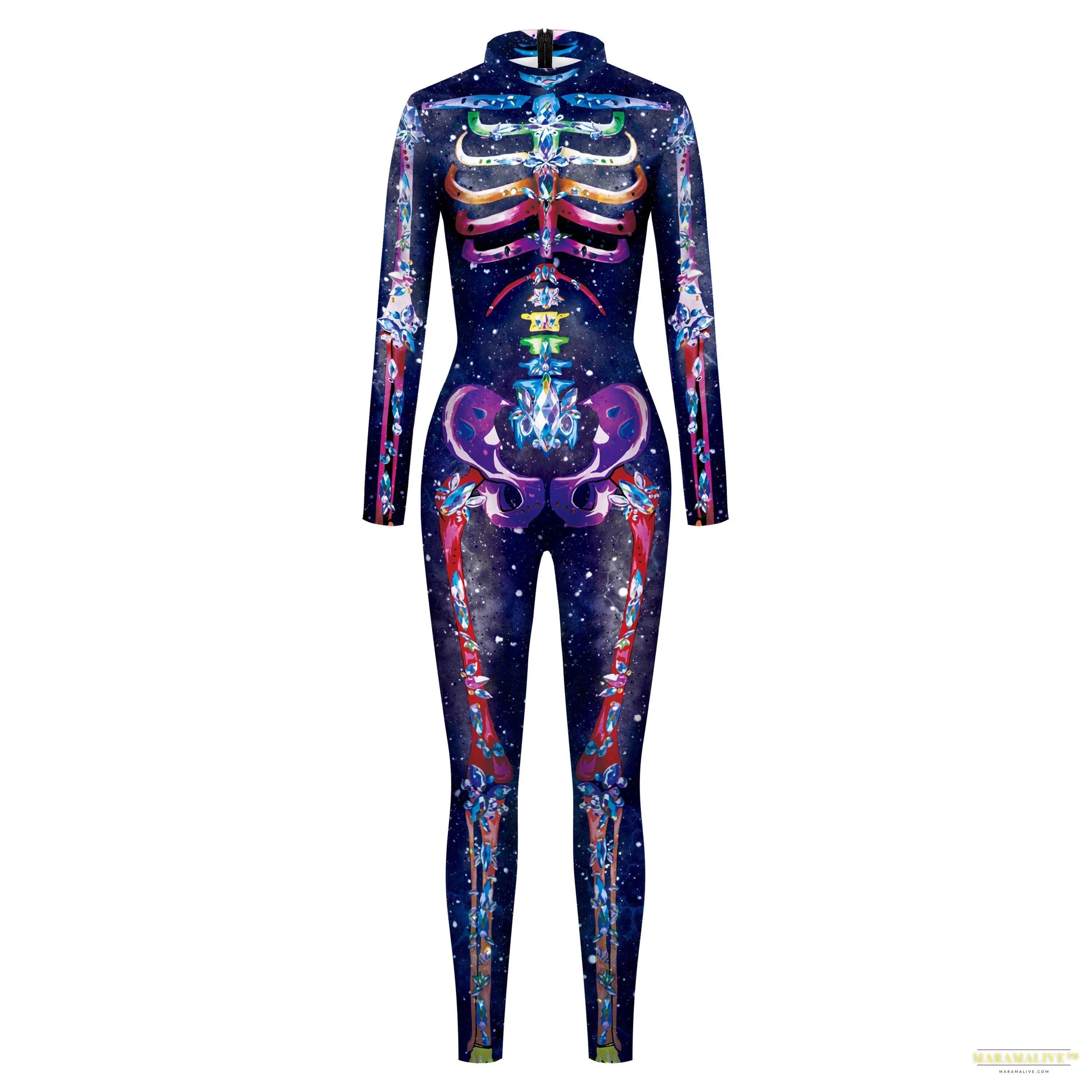 Women's Fashion Lady Death 3D Print Bodysuits Punk Style Sexy Long Sleeve Slim Halloween Cosplay Costumes