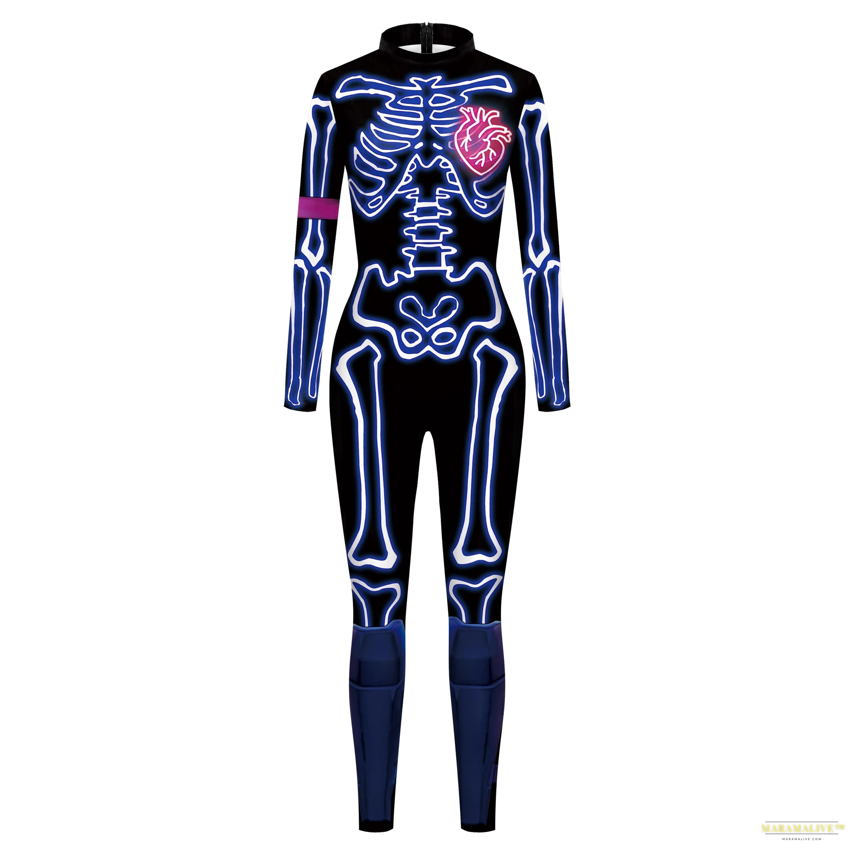 Women's Fashion Lady Death 3D Print Bodysuits Punk Style Sexy Long Sleeve Slim Halloween Cosplay Costumes