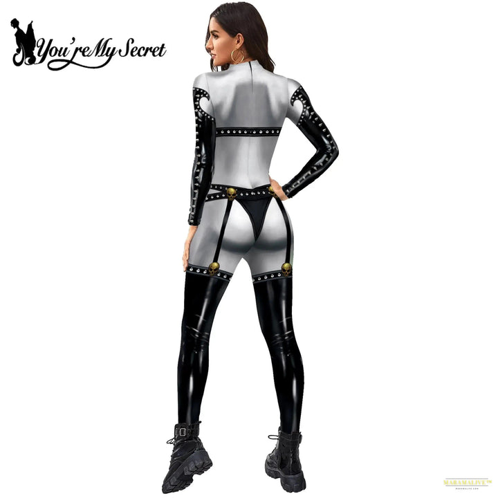 Women's Fashion Lady Death 3D Print Bodysuits Punk Style Sexy Long Sleeve Slim Halloween Cosplay Costumes