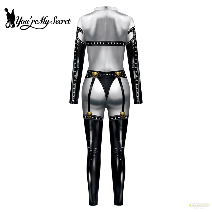 Women's Fashion Lady Death 3D Print Bodysuits Punk Style Sexy Long Sleeve Slim Halloween Cosplay Costumes