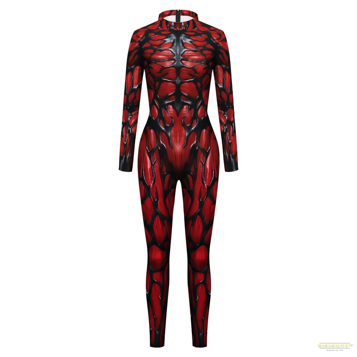 Women's Fashion Lady Death 3D Print Bodysuits Punk Style Sexy Long Sleeve Slim Halloween Cosplay Costumes