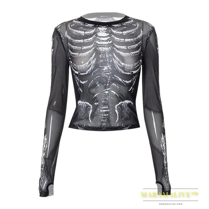 Women's Fashion Long Sleeve Mesh Skeleton Print Top