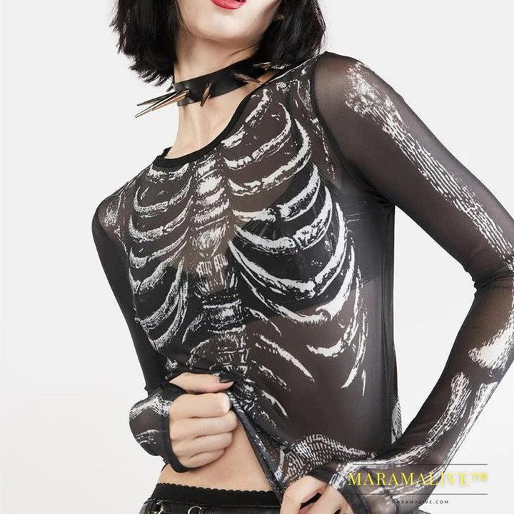 Women's Fashion Long Sleeve Mesh Skeleton Print Top