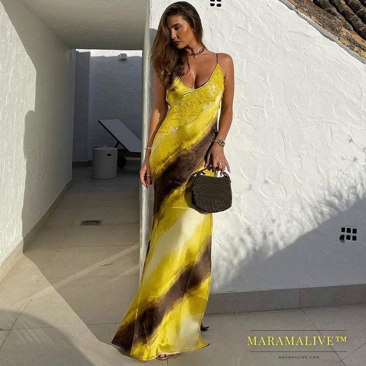 Women's Fashion Printed V-neck Backless Slit Sling Dress