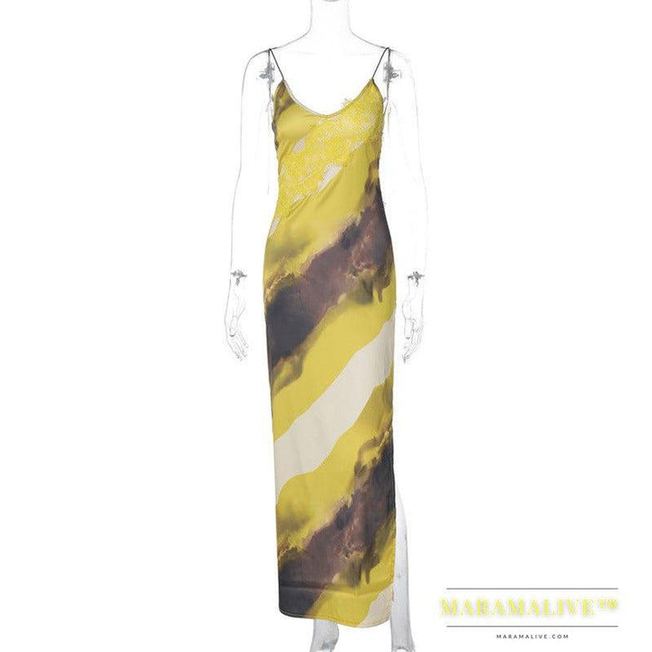 Women's Fashion Printed V-neck Backless Slit Sling Dress