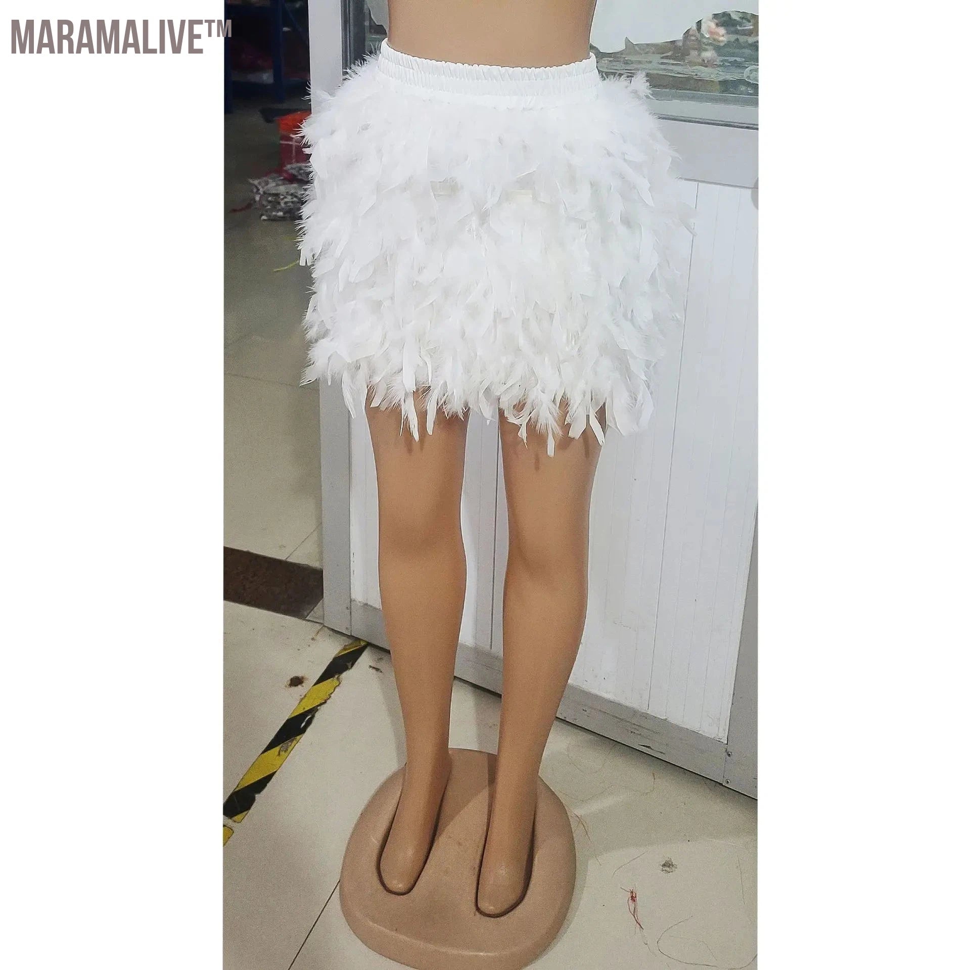 Women's Fashion Solid Color Turkey Feather Dress Tassel Elastic Waist Mini Skirt Summer Sexy Fluffy Dress Party Sweet Spicy Wind