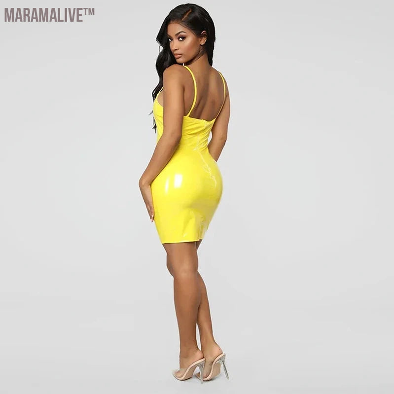 Women's Faux Latex Spaghetti Strap Dress, Sleeveless PVC Back Zipper, Wet Look Bodycon, Party Clubwear, Sexy, Plus Size, Summer,