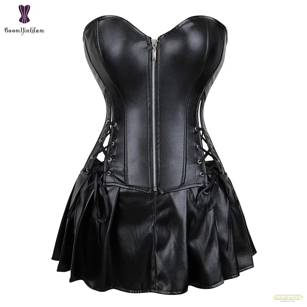 Women's Faux Leather Corset Dress Set Black Red Zipper Front Korset Overbust Bustier Top With Skirt