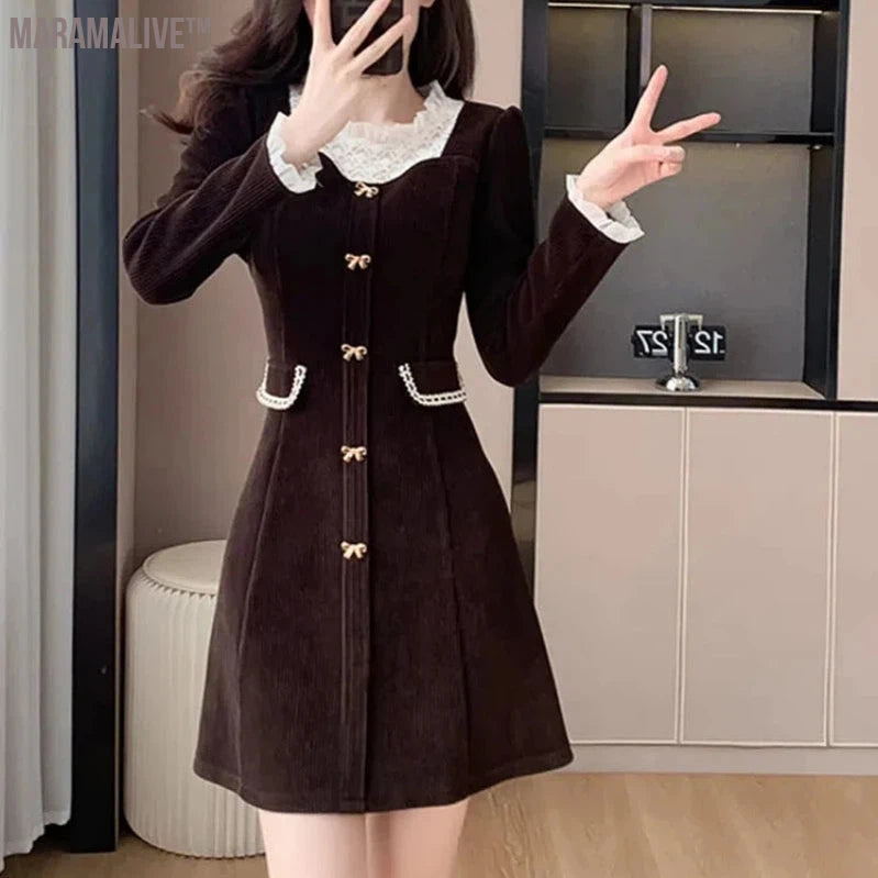 Women's French Vintage Stylish Dresses Spring and Autumn New Arrivals Small Fellow Corduroy Fake Two Pieces Minority Skirt