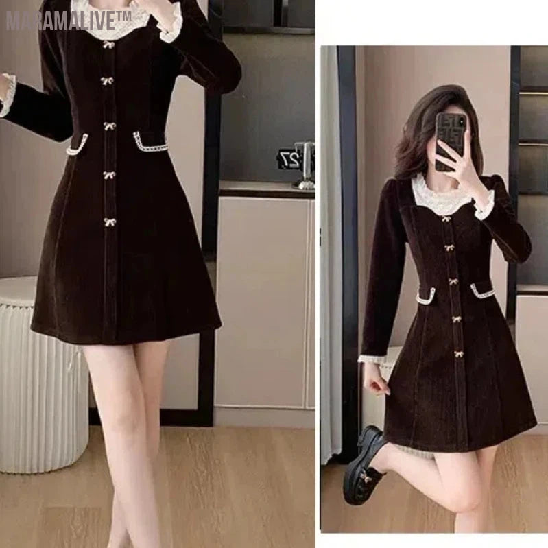 Women's French Vintage Stylish Dresses Spring and Autumn New Arrivals Small Fellow Corduroy Fake Two Pieces Minority Skirt