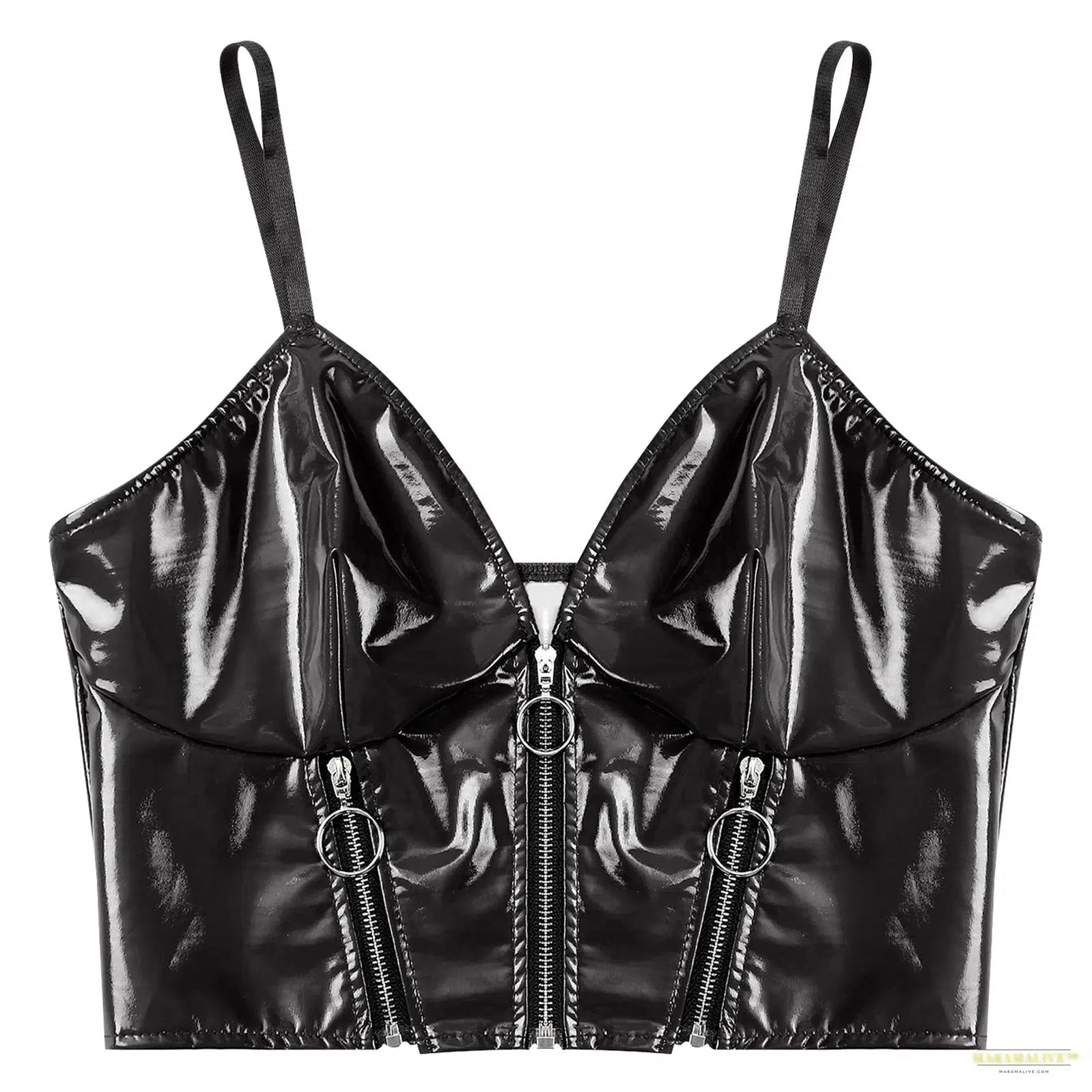 Womens Glossy Patent Leather Crop Top Front Zippers Backless Camisole Deep V Neck Front Zipper Backless Sling Vest Tops Clubwear