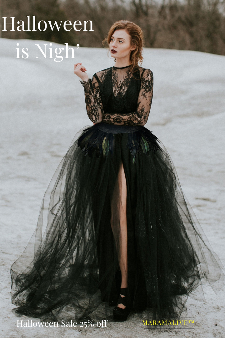 Women's Gothic Black Mesh Natural Feather Skirt and Floor Length Long Tulle Dress