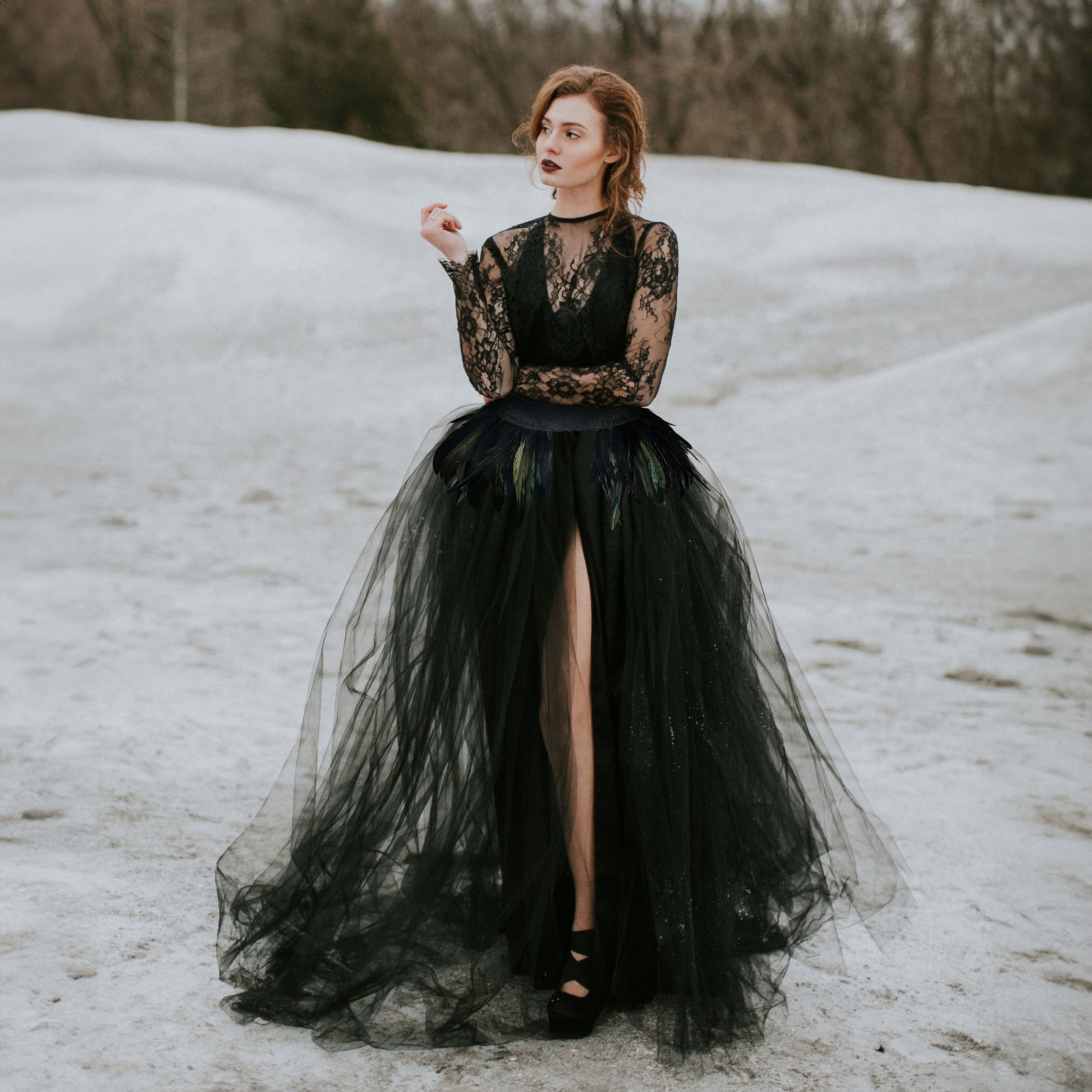 Women's Gothic Black Mesh Natural Feather Skirt and Floor Length Long Tulle Dress