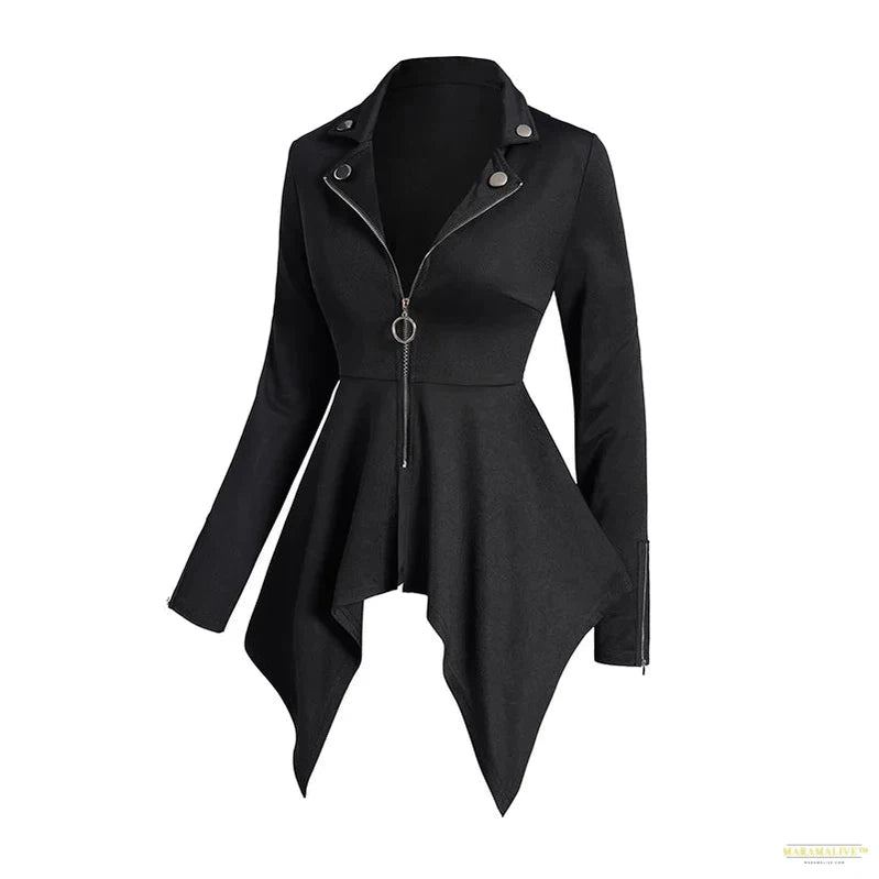 Womens Gothic Coats O Ring Zip Up Asymmetrical Hem Punk Coat Solid Color Mock Button Handkerchief Coat Black Tops