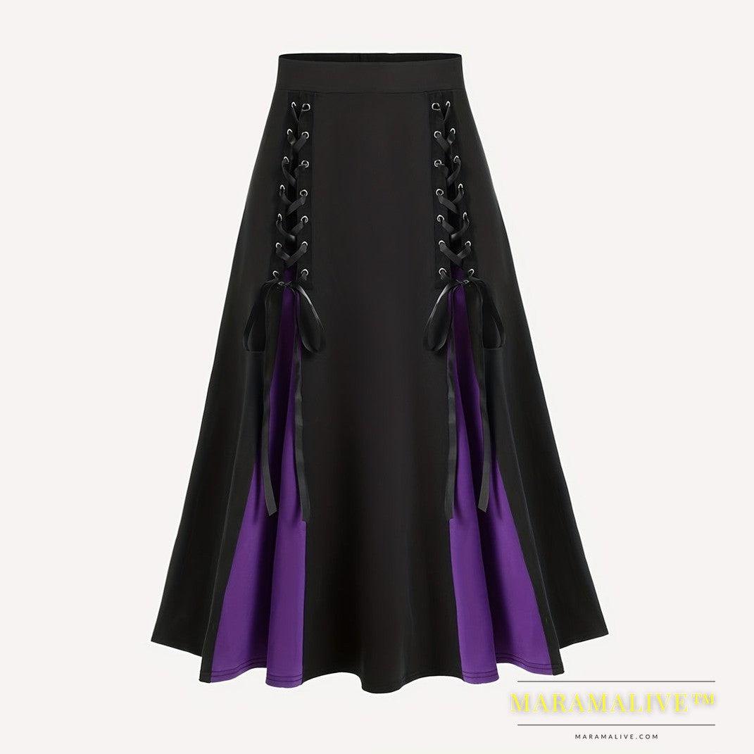 Women's Gothic High Waist Hem Insert Color Elastic Waist Skirt