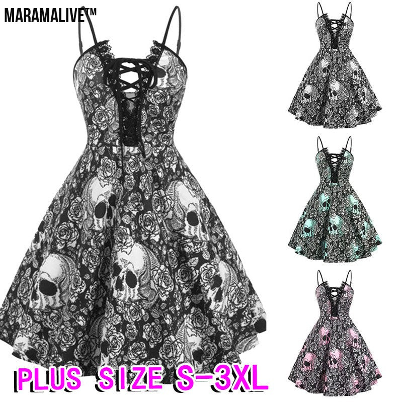 Women's Halloween Skull Print Sling Straps Waist And Large Retro Dress