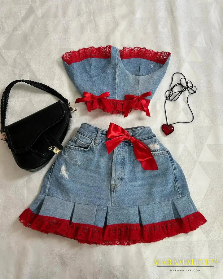 Women's Harajuku Gothic Y2K Sexy Mini Skirt Denim Black Two-piece Long Sleeved Zipper Jacket Mini Pleated Skirt Autumn Jacket