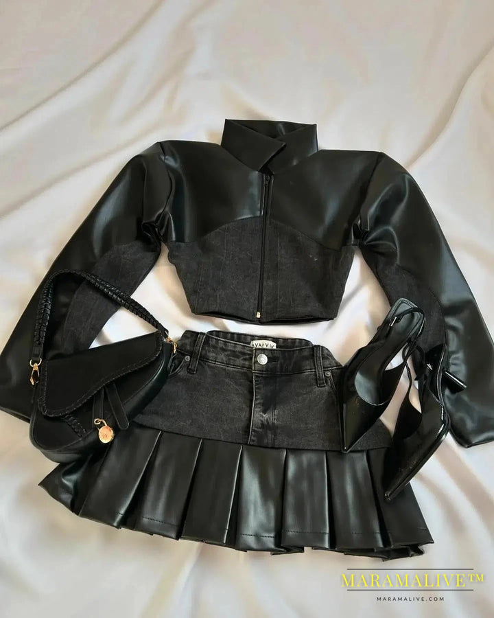 Women's Harajuku Gothic Y2K Sexy Mini Skirt Denim Black Two-piece Long Sleeved Zipper Jacket Mini Pleated Skirt Autumn Jacket