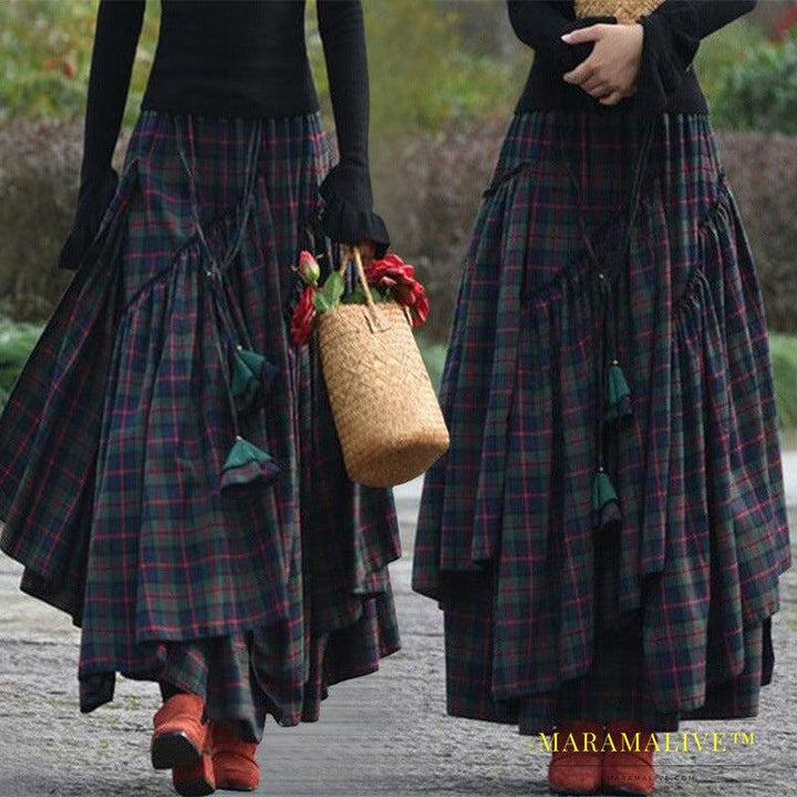 Women's High Waist Dark Green Plaid Irregular Swing Skirt