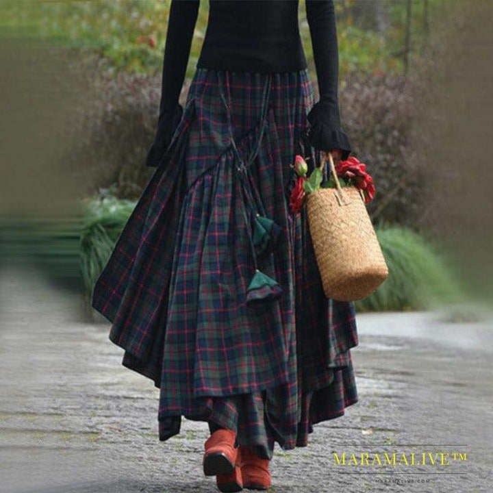 Women's High Waist Dark Green Plaid Irregular Swing Skirt