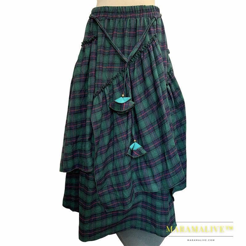 Women's High Waist Dark Green Plaid Irregular Swing Skirt