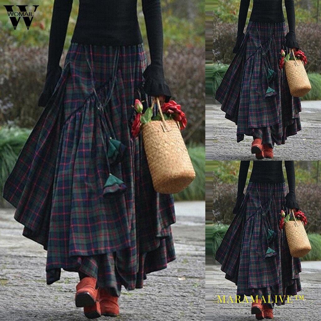 Women's High Waist Dark Green Plaid Irregular Swing Skirt