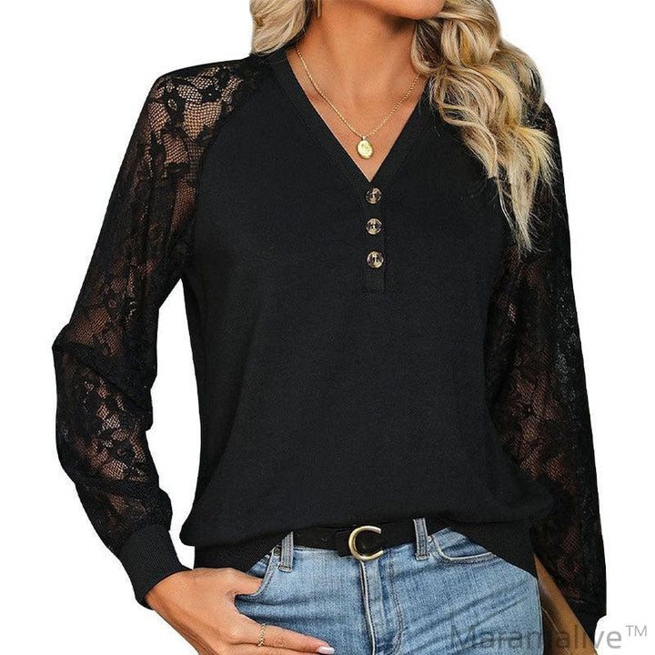 Women's Lace Stitching Long Sleeve Black, Hoodie