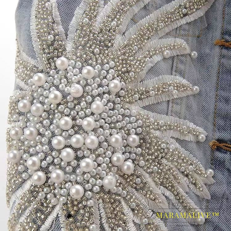 Women's Lace Studded Beaded Denim Coat