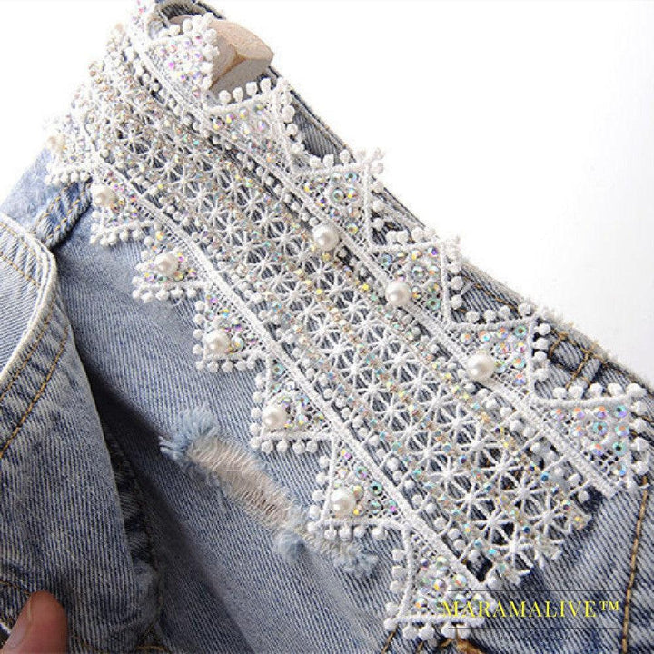 Women's Lace Studded Beaded Denim Coat