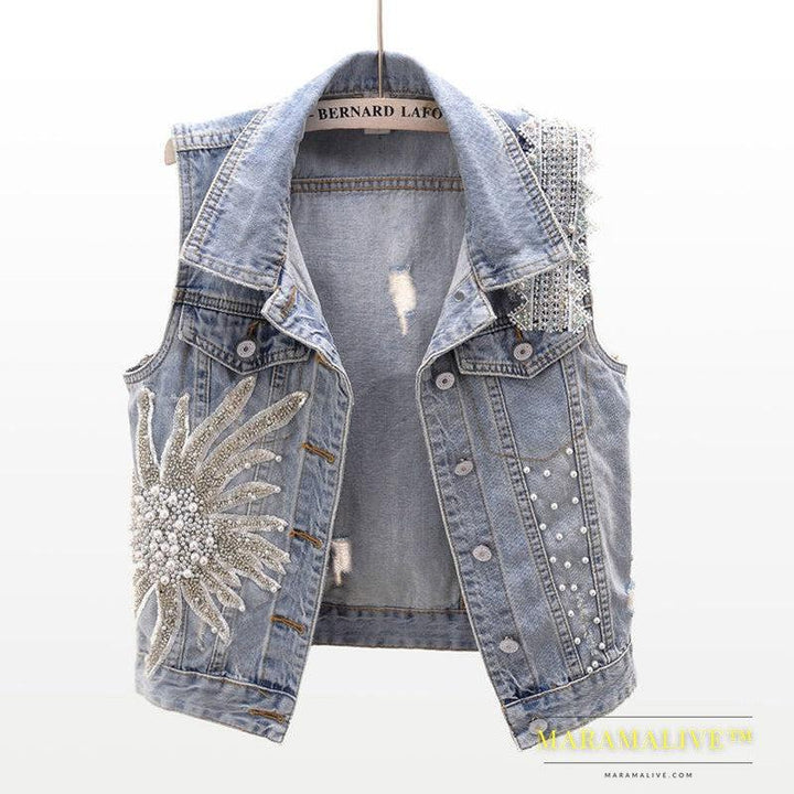 Women's Lace Studded Beaded Denim Coat