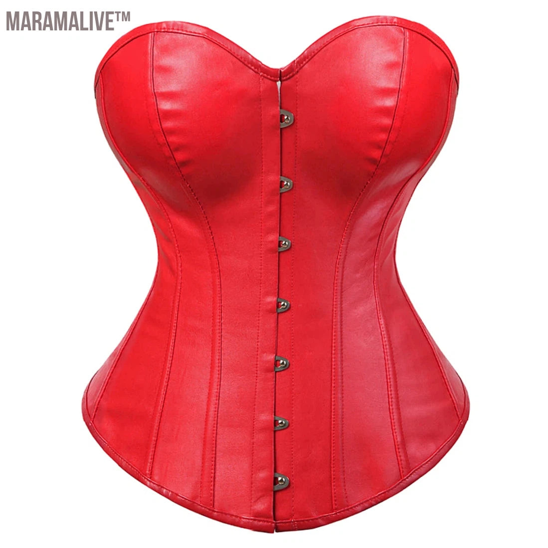 Women's Leather Red Corset With Skirt Gothic Faux Leather Cool Girl Clothes Lace Up Corset Dresses Plus Size Zipper Costume Red