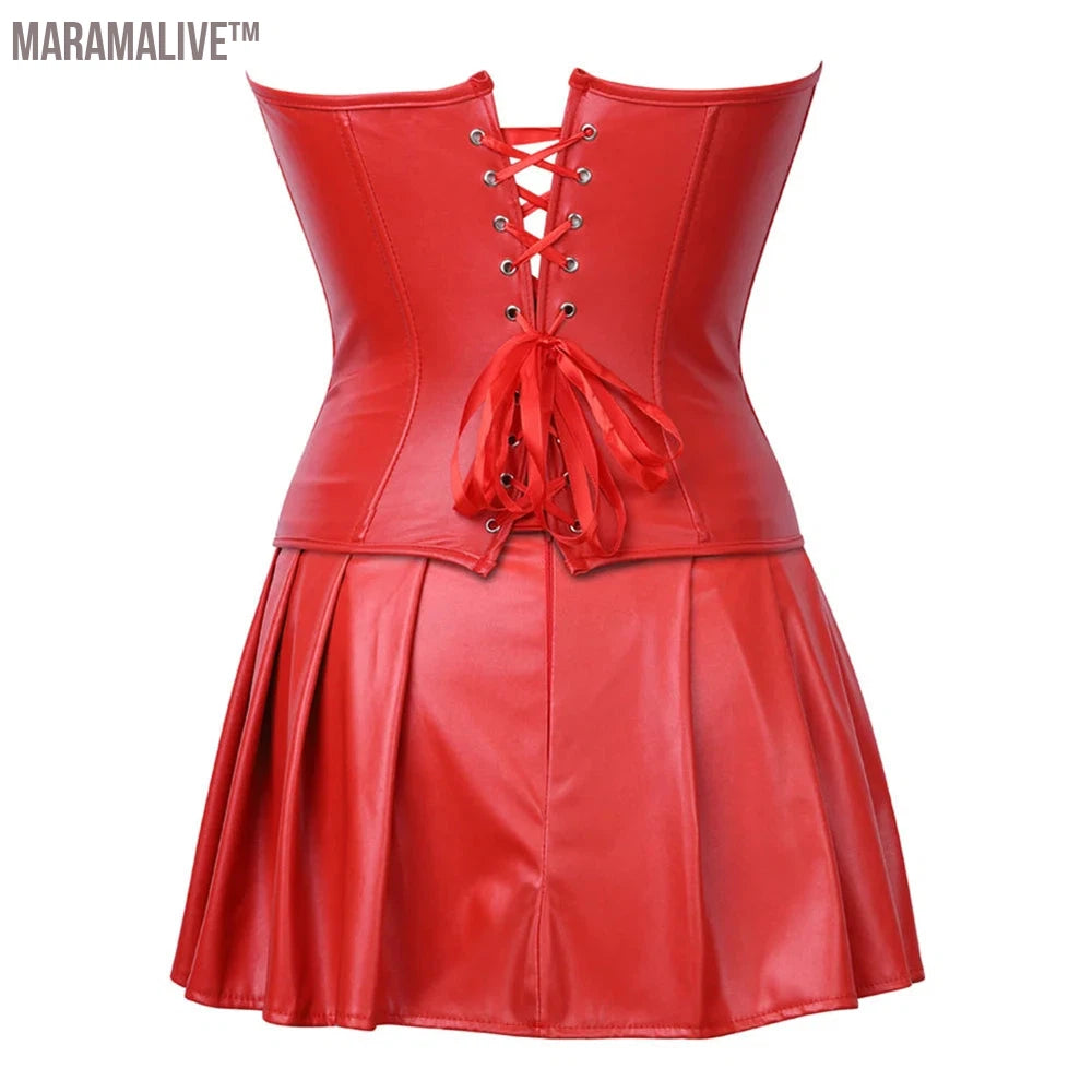 Women's Leather Red Corset With Skirt Gothic Faux Leather Cool Girl Clothes Lace Up Corset Dresses Plus Size Zipper Costume Red