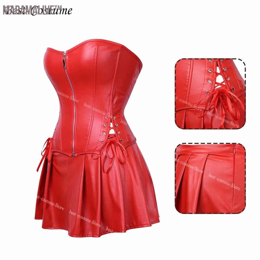 Women's Leather Red Corset With Skirt Gothic Faux Leather Cool Girl Clothes Lace Up Corset Dresses Plus Size Zipper Costume Red