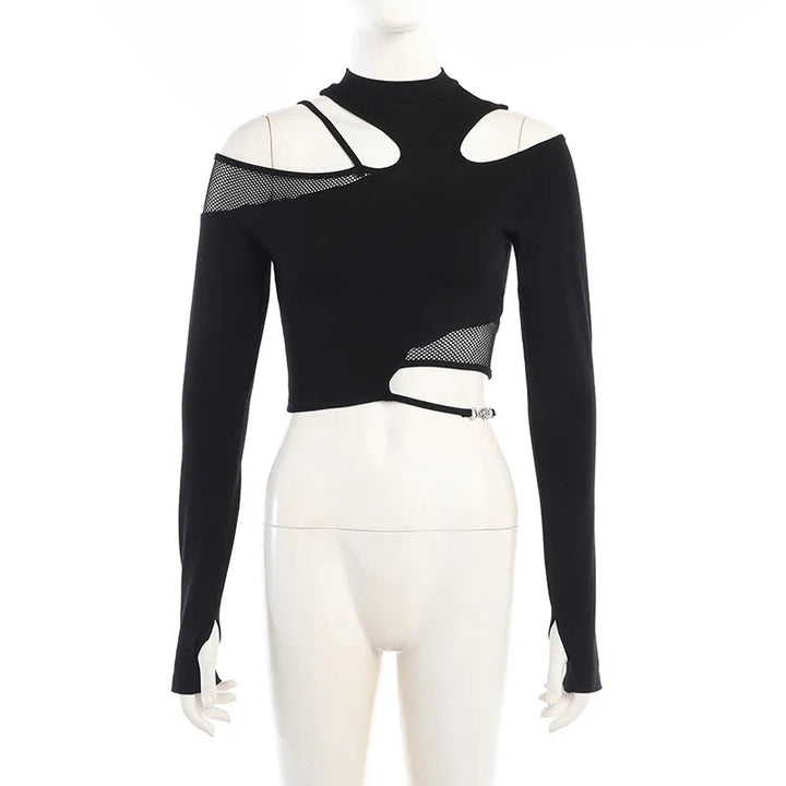 Women's Off Shoulder Gothic Mesh Hollow Bandage Long Sleeve Top - An Unusual Halloween Costume with Sexy Punk Appeal