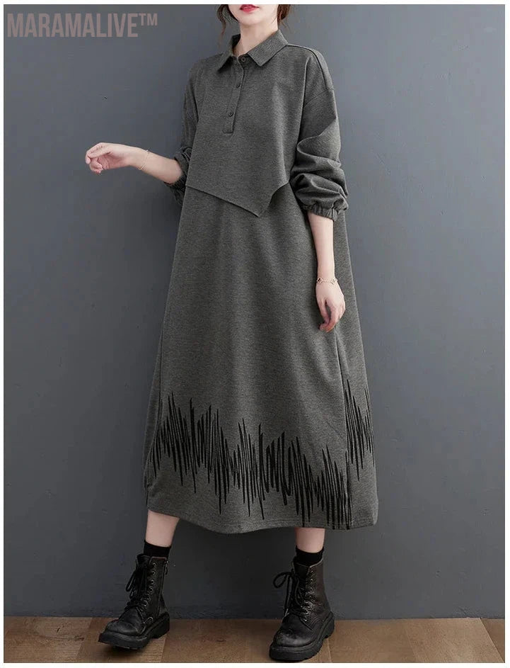 Women's One-Piece Parka Tunic Plus Size Nude Long Sleeve Half Placket Long Dress Loose Silhouette Stylish Midi Dresses