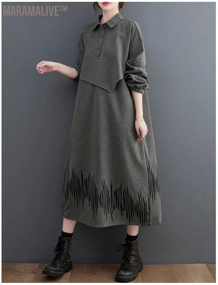 Women's One-Piece Parka Tunic Plus Size Nude Long Sleeve Half Placket Long Dress Loose Silhouette Stylish Midi Dresses