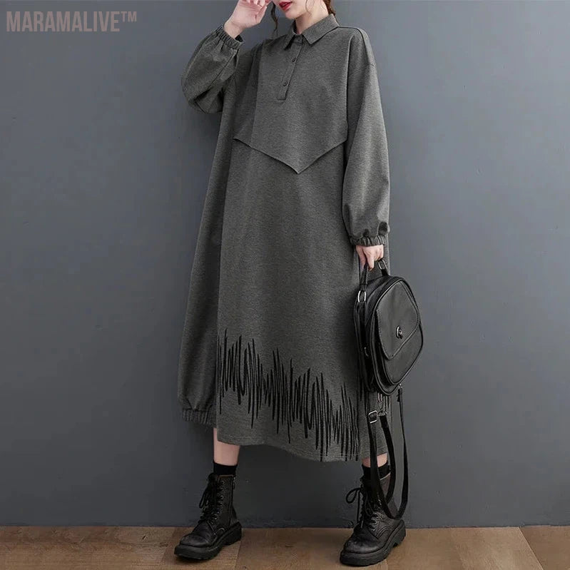 Women's One-Piece Parka Tunic Plus Size Nude Long Sleeve Half Placket Long Dress Loose Silhouette Stylish Midi Dresses