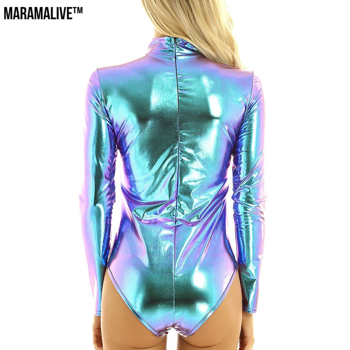 Women's Patent Leather Long Sleeve Zip Bodysuit