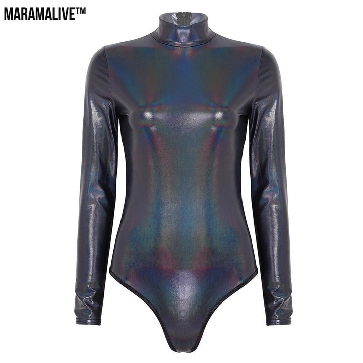 Women's Patent Leather Long Sleeve Zip Bodysuit