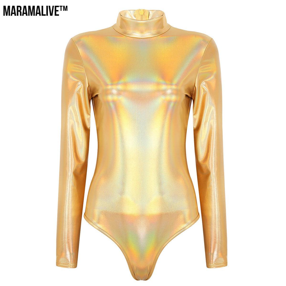 Women's Patent Leather Long Sleeve Zip Bodysuit