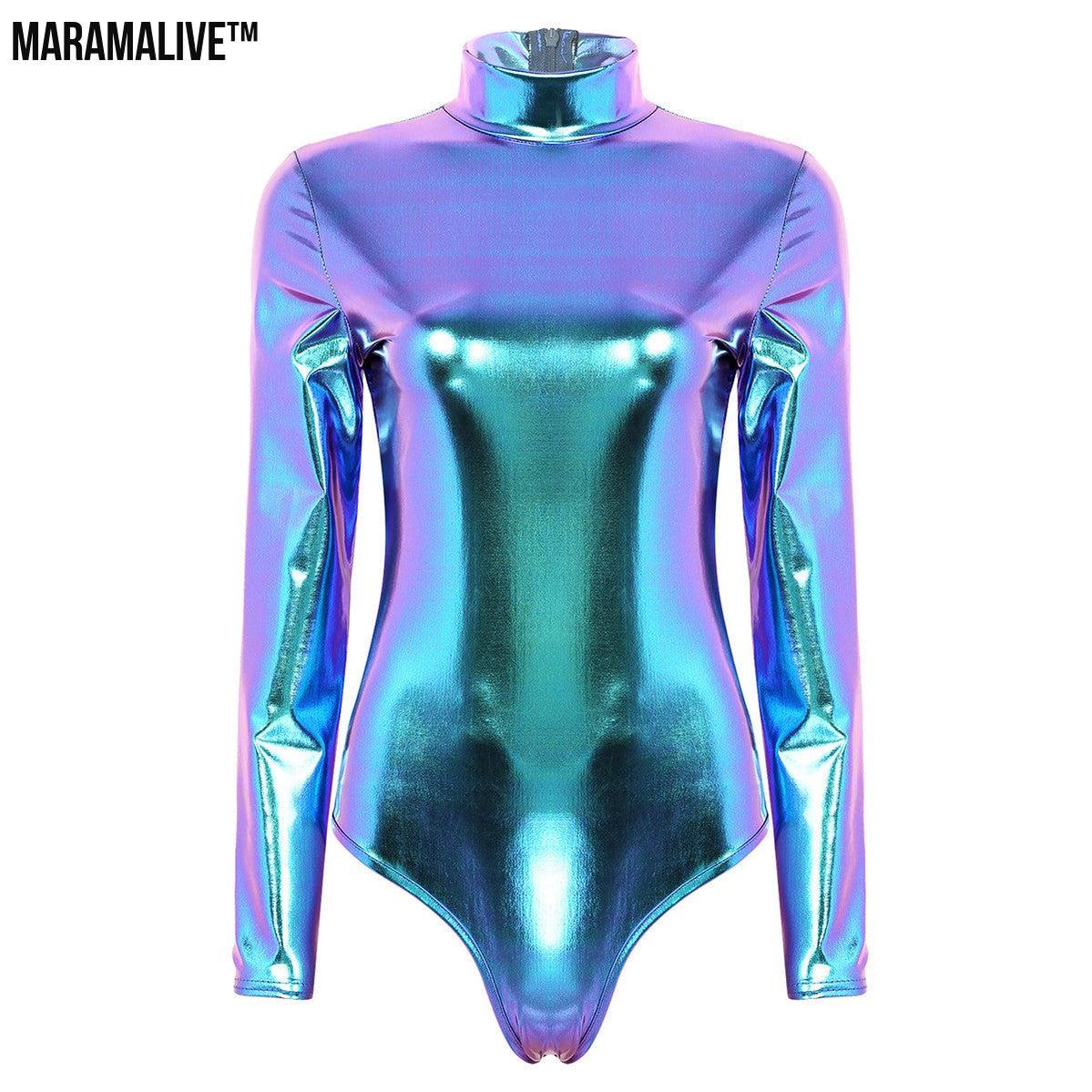 Women's Patent Leather Long Sleeve Zip Bodysuit