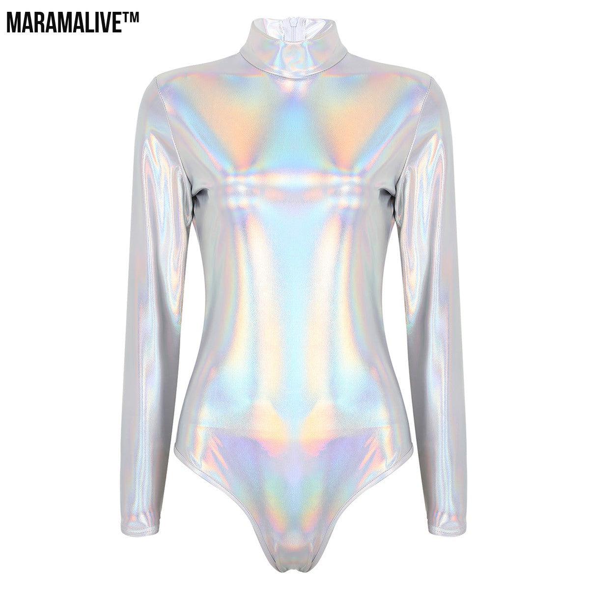 Women's Patent Leather Long Sleeve Zip Bodysuit