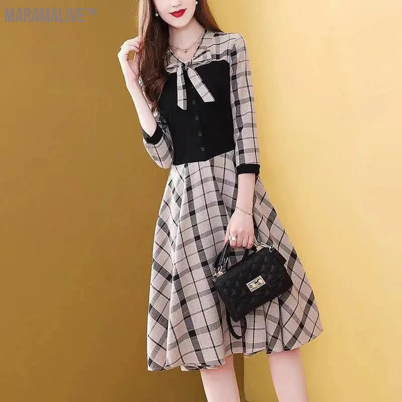 Women's Plaid Patchwork Long Dress, Casual Corset, Temperament Dress for Office Lady, Vintage Clothes, New Style Fashion, Autumn