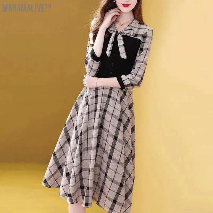 Women's Plaid Patchwork Long Dress, Casual Corset, Temperament Dress for Office Lady, Vintage Clothes, New Style Fashion, Autumn