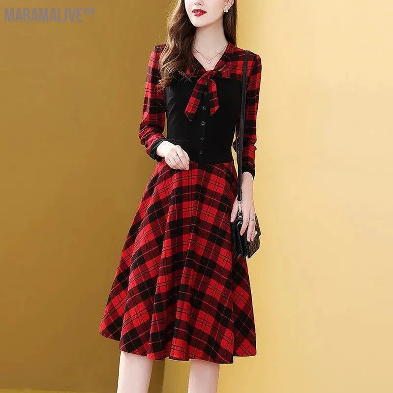 Women's Plaid Patchwork Long Dress, Casual Corset, Temperament Dress for Office Lady, Vintage Clothes, New Style Fashion, Autumn