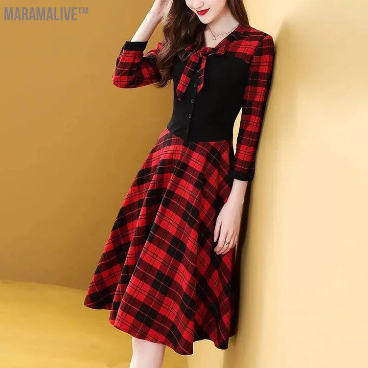 Women's Plaid Patchwork Long Dress, Casual Corset, Temperament Dress for Office Lady, Vintage Clothes, New Style Fashion, Autumn