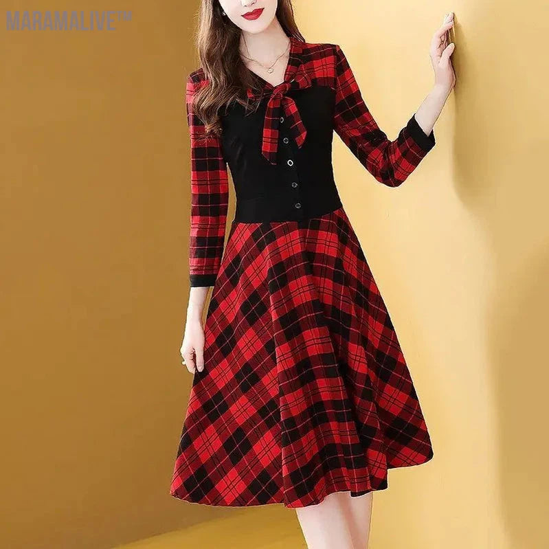 Women's Plaid Patchwork Long Dress, Casual Corset, Temperament Dress for Office Lady, Vintage Clothes, New Style Fashion, Autumn