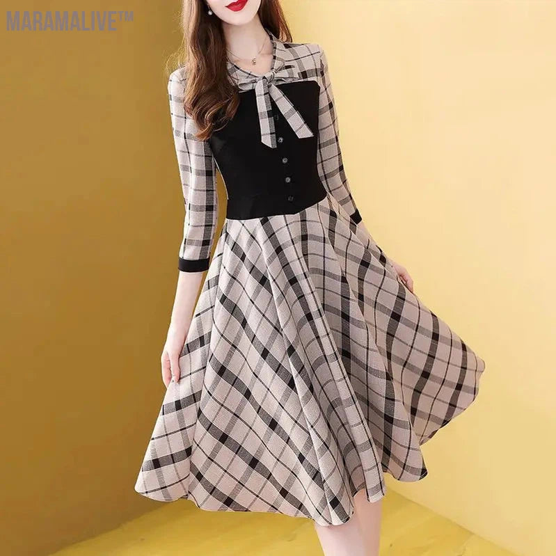 Women's Plaid Patchwork Long Dress, Casual Corset, Temperament Dress for Office Lady, Vintage Clothes, New Style Fashion, Autumn